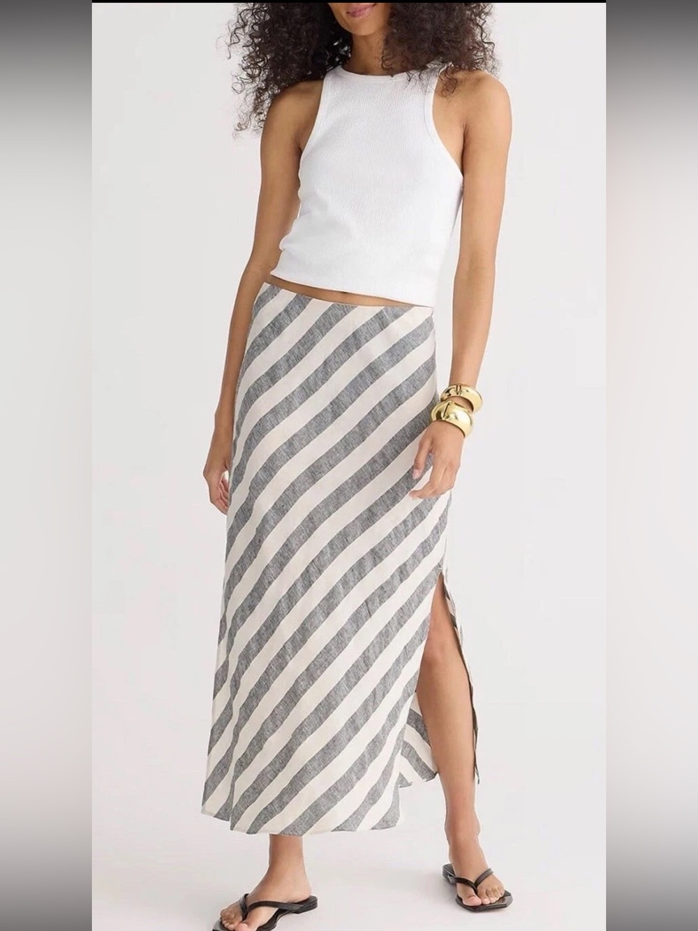 J.Crew Sz Small Gwyneth Slip Skirt in Striped Linen Gray Cream Elastic Waist